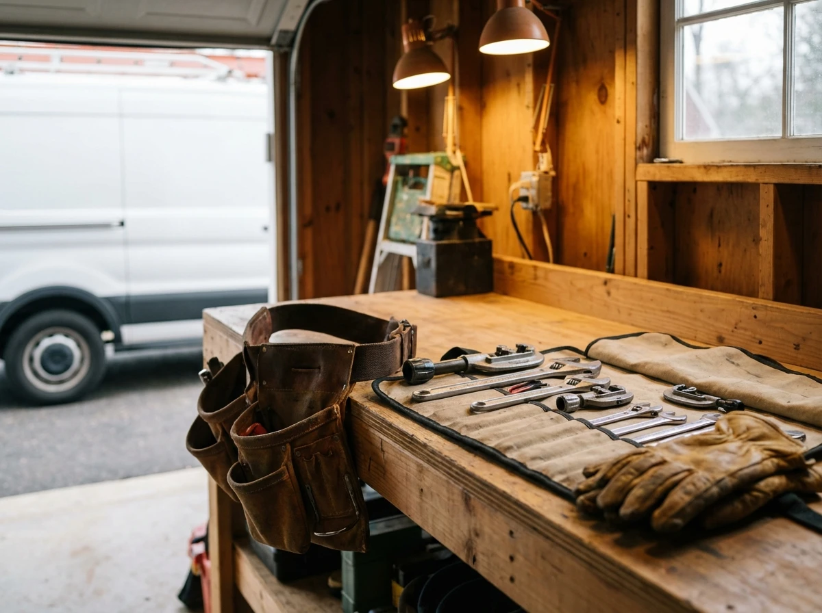 Artisan plombier — outils de travail et paperasse administrative